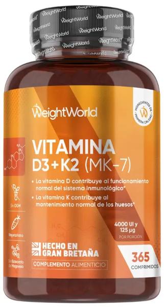 WeightWorld Vitamina D3 4000IU + K2 (MK-7) 125mcg 365 Comprimidos