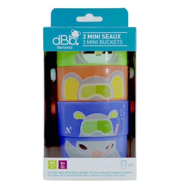 3 Mini Seaux de Bain 1 perforé 2 non perforés Coloris Corail vert et bleu