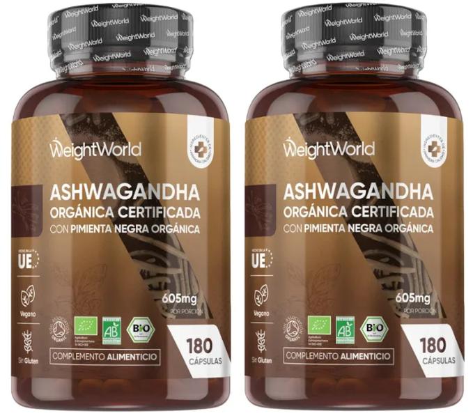 WeightWorld Ashwagandha Orgánica con Pimienta Negra Orgánica 605mg 2x180 Cápsulas
