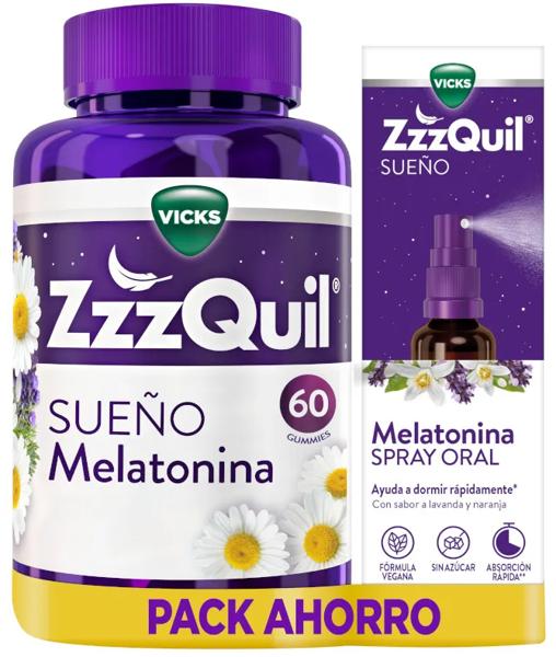 ZzzQuil Sueño Melatonina 1mg Dormir 60 Gummies + Spray 30 ml