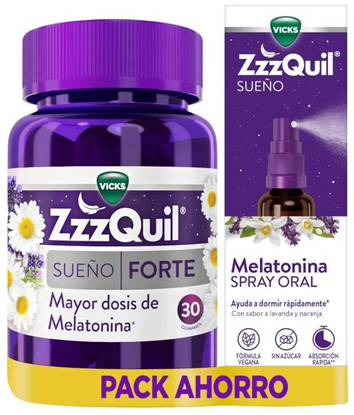 ZzzQuil Sueño Forte Mayor Dosis de Melatonina 30 Gummies + Spray Oral de Melatonina 30 ml