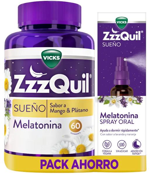 ZzzQuil Sueño Melatonina Dormir Mango y Plátano 60 Gummies + Spray 30 ml