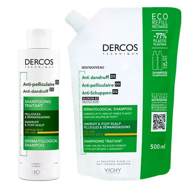 Dercos Shampooing Antipelliculaire DS Cheveux Secs 200ml + Écorecharge 500ml