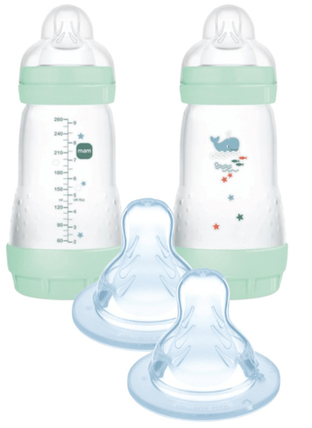 MAM Biberón Easy Start Anti-colic Flujo Medio Azul Brillante 2-4m 2x260 ml + Tetina 3 Flujo Rápido +4m 2 uds