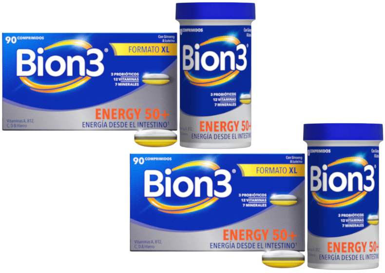 Bion3 Energy 50+ Multivitamínico con Probióticos, Vitamina B12 y C, Zinc y Hierro 2x90 Comprimidos