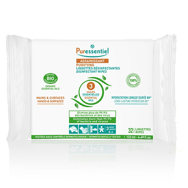 Assainissant Désinfectantes Mains Surfaces aux 3 Huiles Essentielles 32 Lingettes 3
