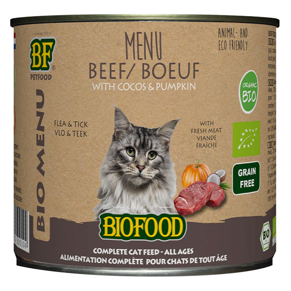 Menu Bio à base de 78% de viande de boeuf BIO pour chat. Boîte de 200g.