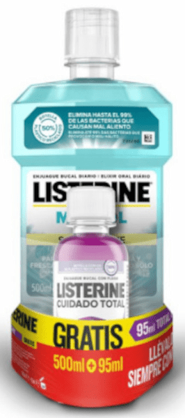 Listerine Enjuague Bucal Con Flúor Mentol Sabor Suave 500 Ml + 95 Ml