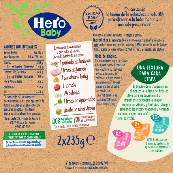 Hero Baby Tarrito Verduras Con Lentejas Y Jamón Con Trocitos +10m 2x235 Gr