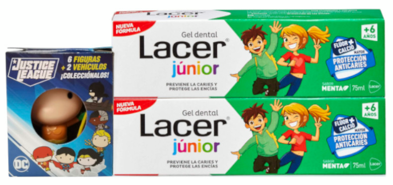 Lacer Junior Menta Gel +6 Años 2x75 Ml + Figura La Liga De La Justicia