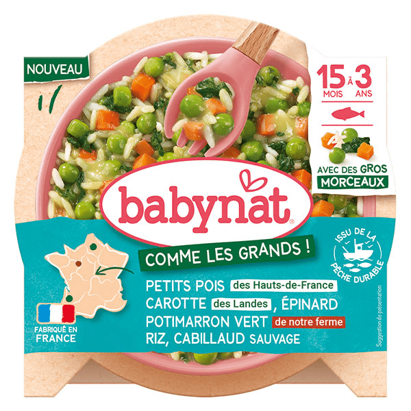 Babynat Petits pois Carotte Epinard Potimarron vert Riz Cabillaud - 200g 2