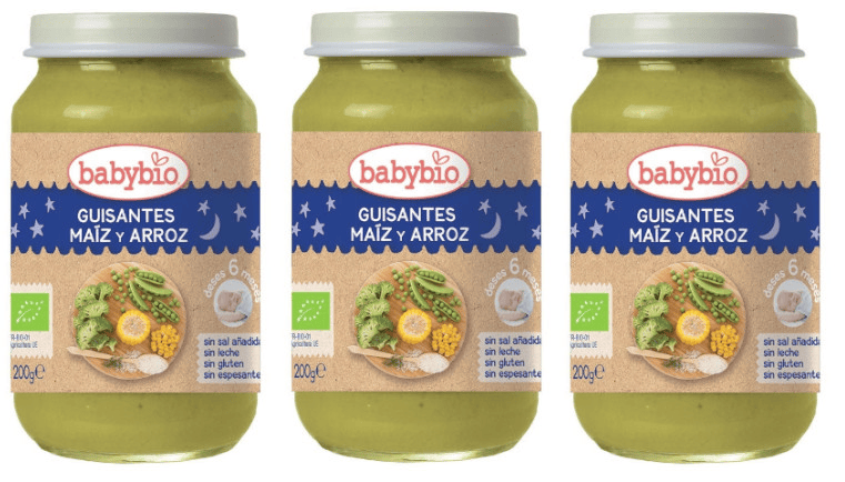 Babybio Tarrito Buenas Noches Guisantes, Maíz y Arroz +6m 3x200 gr