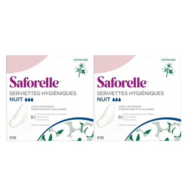 Protections Serviettes Hygiéniques en Coton BIO Nuit - Lot de 2 x 10 protections