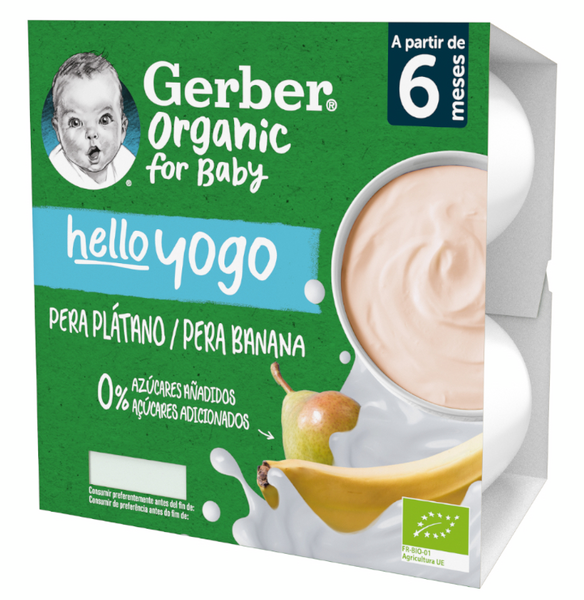 Gerber Organic Hello Yogo Pera Y Plátano +6m 4x90 Gr