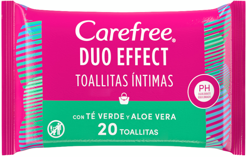 Carefree Duo Effect Toallitas íntimas Con Té Verde Y Aloe Vera 20 Uds