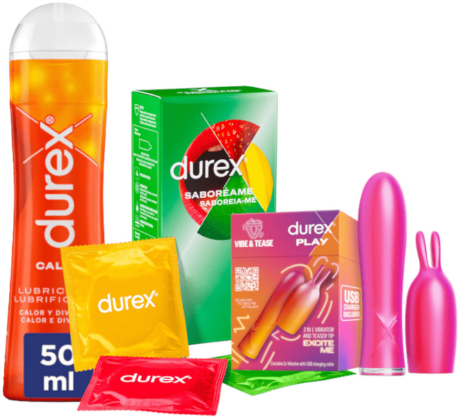 Durex VIBE & TEASE Conejito Vibrador 2 en 1 + Lubricante Efecto Calor 50 ml + Pleasurefruits Saboréame 12 Preservativos