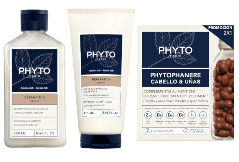 Phyto Champú Reparación 250 ml + Acondicionador Reparación 175 ml + Cabello y Uñas 2x120 cápsulas