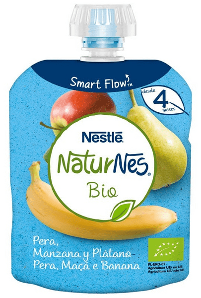 Naturnes Nestlé Pouch Pera, Manzana Y Plátano Bio +4M 90 Gr