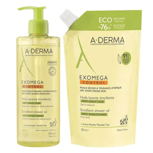 Exomega Control Huile lavante émolliente anti-grattage 500ml + éco-recharge 500ml 4
