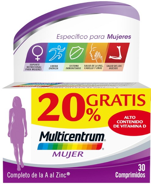 Multicentrum Mujer Multivitamínico Y Multimineral 30 Comprimidos 20% GRATIS