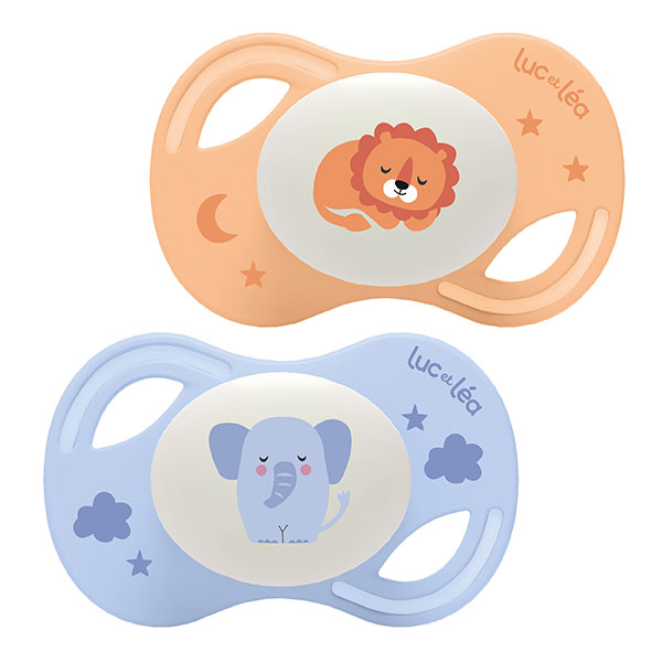 Luc et Léa Collection 2 Sucettes Nuit Anatomique Tétine Extra-slim +18 mois Lion Eleph