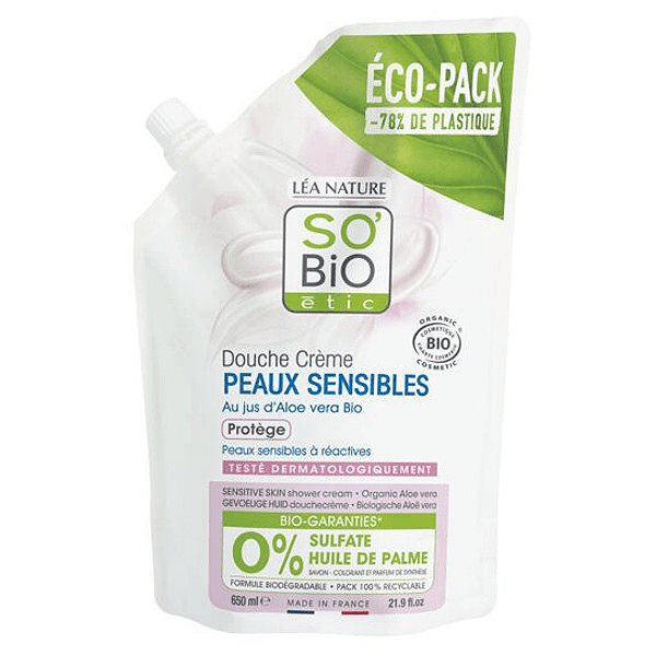 So'Bio Étic Douche Écopack Crème Peaux Sensibles Jus d'Aloe Vera Bio 650ml 2