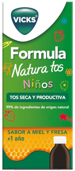 Vicks Formula Natura Tos Jarabe Alivio 2en1 Niño +1Año Miel Y Fresa 140 Ml