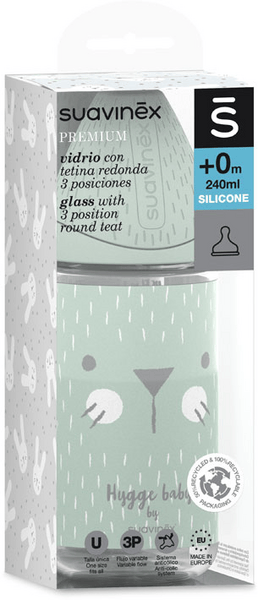 Suavinex Biberón Cristal Tetina Silicona 3P 0m+ Verde 240 ml