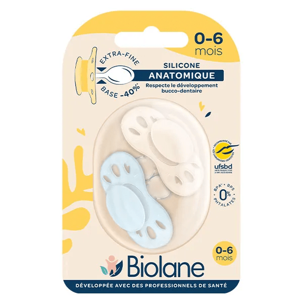 2 Sucettes 0-6 mois Bleu et Beige Base extra-fine et téterelle réversible