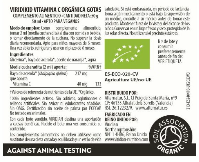 Viridian Viridikid Vitamina C Orgánica Gotas 50 Ml