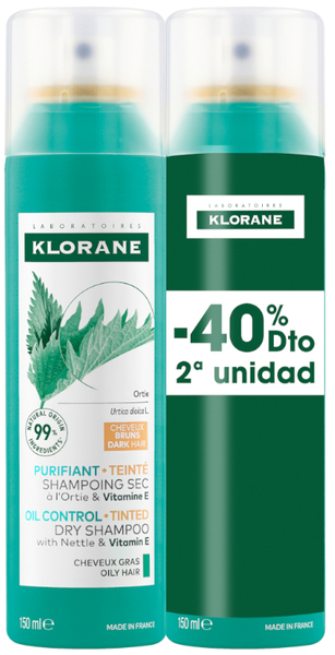 Klorane Champú Seco Ortiga Cabello Castaño 2x150ml