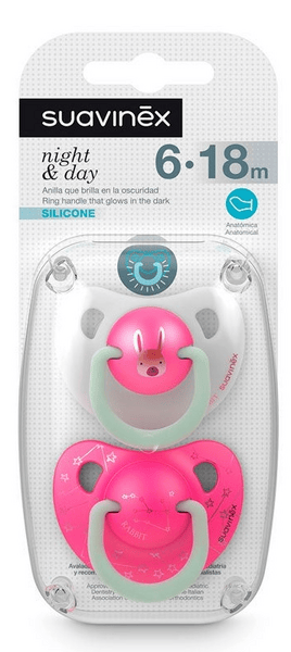 Suavinex Chupete Noche Anatómico Silicona 6-18m Rosa 2 uds