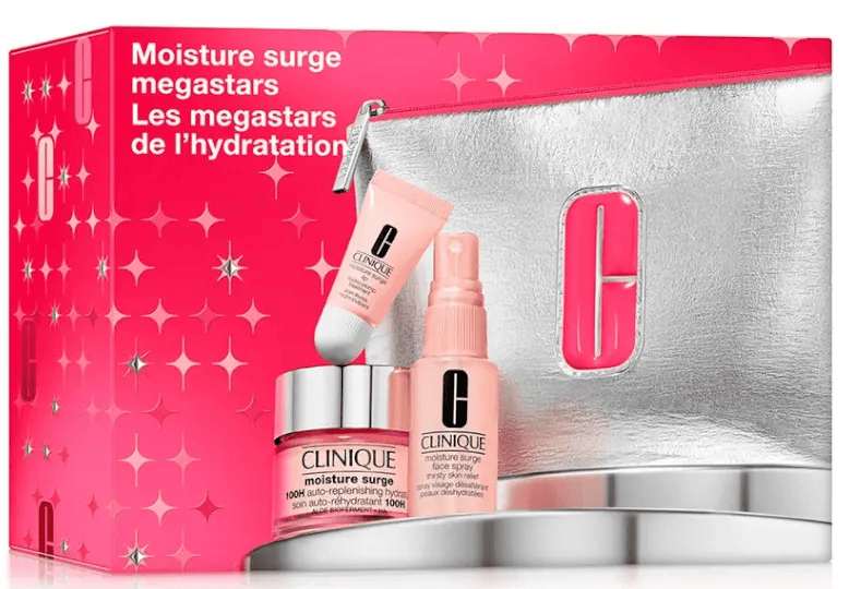 clinique moisture surge active glow serum 30 ml  mascarilla noche 30 ml  spray facial thirsty skin relief 30 ml