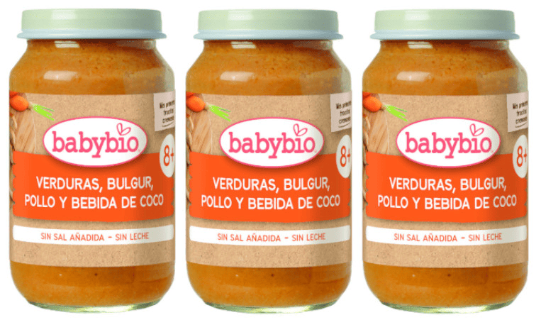 Babybio Tarrito Mis primeros Trocitos Verduras Bulgur Pollo y Bebida de Coco +8m 3x200 gr