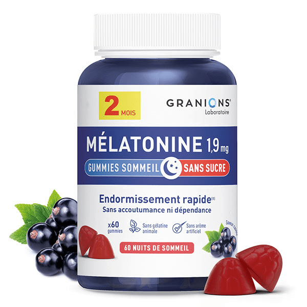 GRANIONS - Gummies Melatonine Sommeil 1,9 mg - Sans Sucres - FORMAT 2 MOIS 4