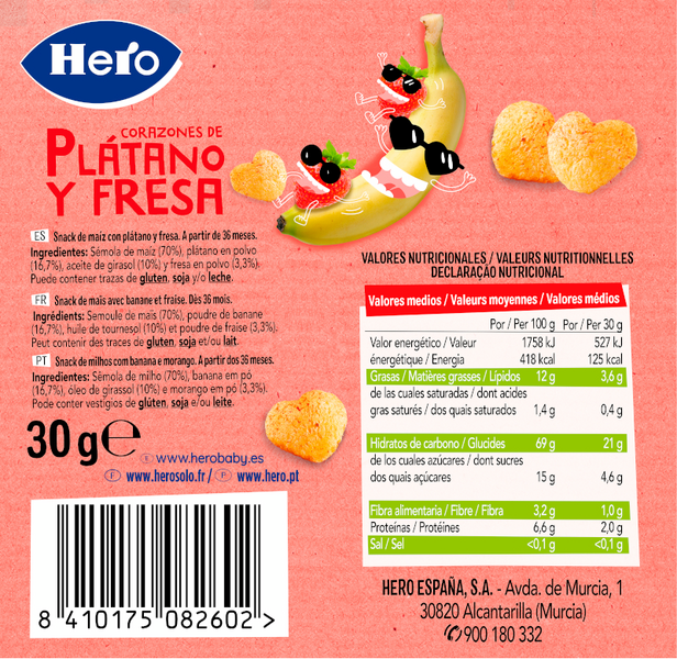 Hero Kids Snack Corazones Plátano Y Fresa 30 Gr