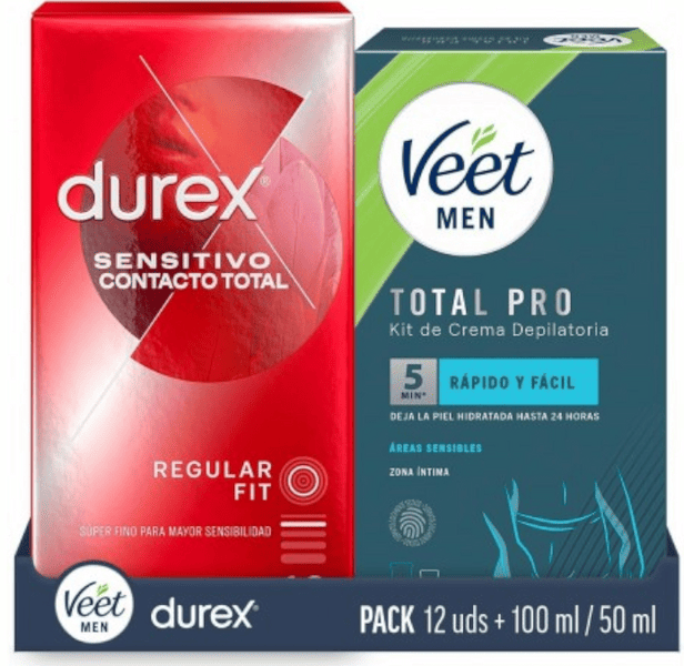Durex Preservativo Sensitivo Control Total 12 uds + Veet Men Kit Crema Depilatoria Zonas Íntimas 150 ml