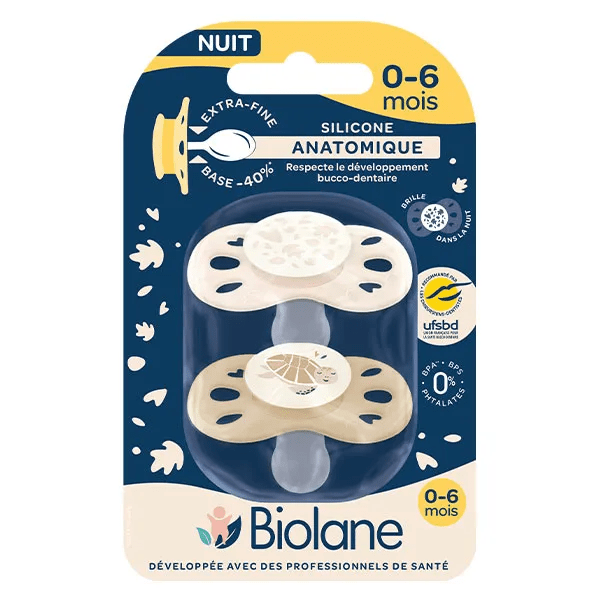 2 Sucettes collection nuit 0-6 mois Beige Base extra-fine et téterelle réversible