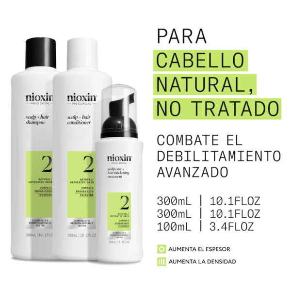 Nioxin 2 Cabello Natural Debilitamiento Avanzado Champú 300 Ml + Acondicionador 300 Ml + Tratamiento 100 Ml