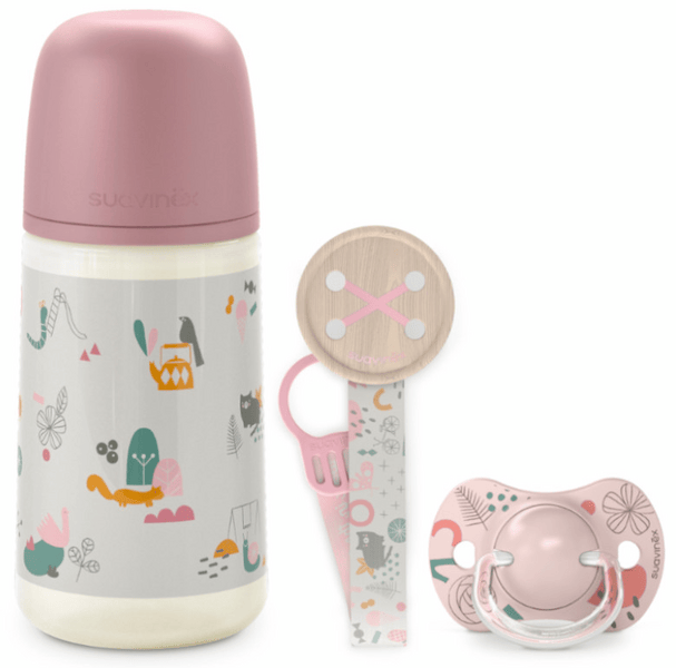 Suavinex Set Biberón Anticólico 270 ml + Chupete 0-6m + Chupetero Walk Rosa