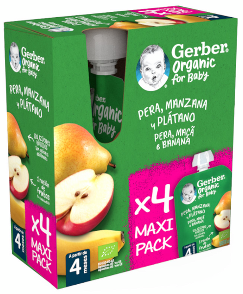 Gerber Organic Pouch Pera Manzana Plátano Multipack +6m 4x90 Gr