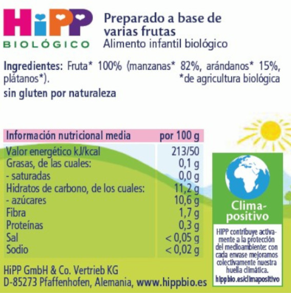 HiPP Tarrito De Manzana Con Arándano Y Plátano +4m BIO 190 Gr