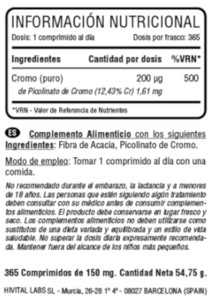 Hivital Cromo 200 Mcg 365 Tabletas