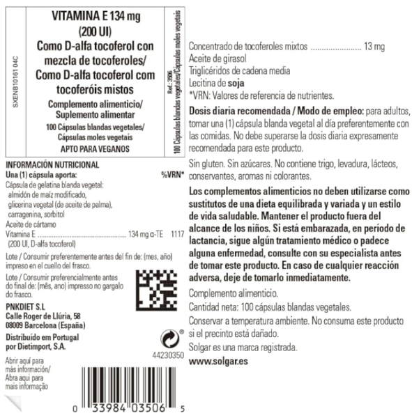 Solgar Vitamina E 200 UI 134 Mg 100 Cápsulas Blandas Vegetales