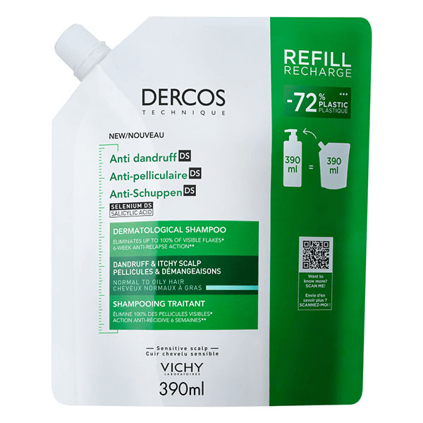 Dercos Shampooing traitant pellicules et démangeaisons cheveux normaux/gras éco-recharge 390ml 4