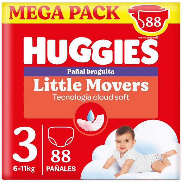 Huggies Little Movers Pañales Braguita Talla 3 (6-11 Kg) 88 Uds