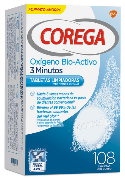 Corega Oxígeno Bio-Activo Tabletas Limpiadoras 108 Unidades