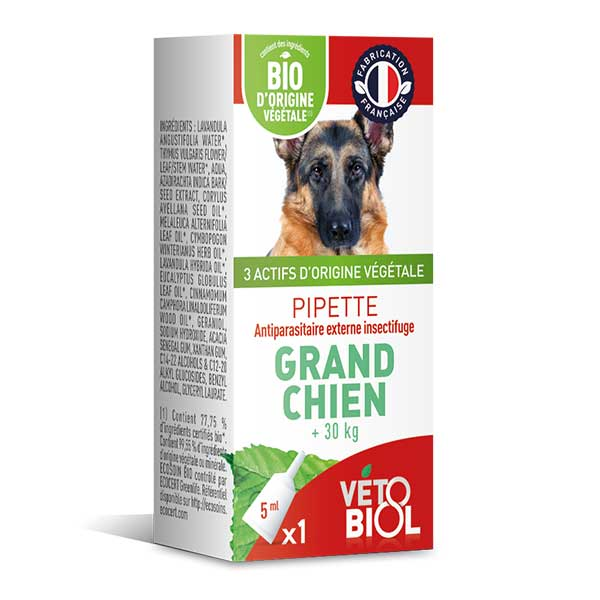 Comparer les prix de Vetobiol Antiparasitaire Pipette Grand Chien Bio 5 ml