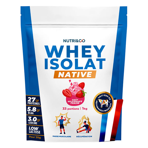 Nutri&Co Protéines Whey Isolat Native en poudre - 1kg Goût Milkshake Fraise