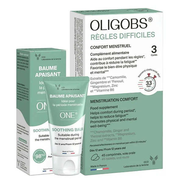 Oligobs Règles difficiles Complément alimentaire 3 cycles + One baume apaisant